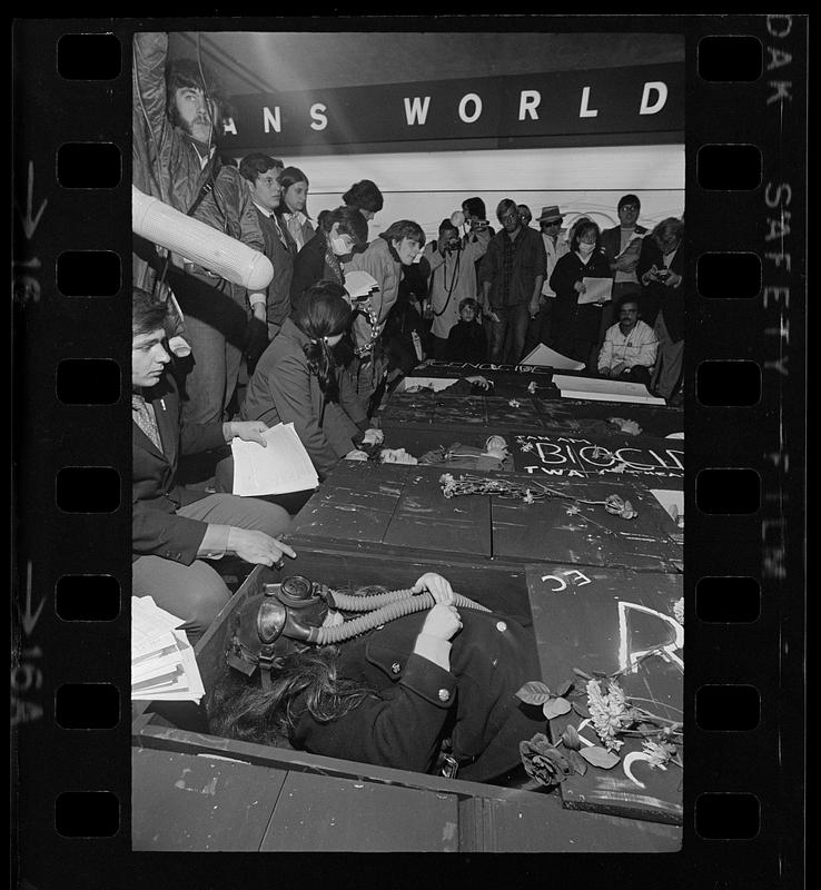 Earth Day demonstration (note coffins), Logan Airport