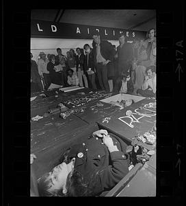 Earth Day demonstration (note coffins), Logan Airport