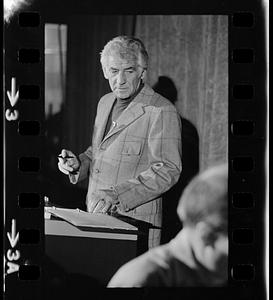 Leonard Bernstein rehearses a speech at Harvard's Sanders Theatre, Cambridge