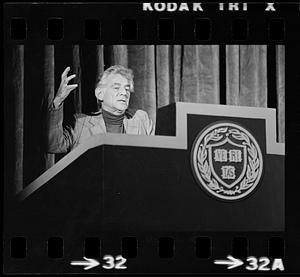 Leonard Bernstein rehearses a speech at Harvard's Sanders Theatre, Cambridge