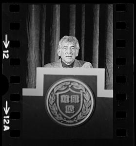 Leonard Bernstein rehearses a speech at Harvard's Sanders Theatre, Cambridge