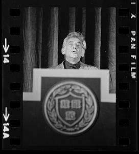 Leonard Bernstein rehearses a speech at Harvard's Sanders Theatre, Cambridge