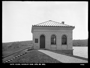 Sudbury Department, Sudbury Dam Gatehouse, looking towards tablet, Southborough, Mass., Apr. 28, 1910