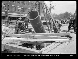 Distribution Department, Low Service Pipe Lines, laying temporary 36-inch main, Harvard Square, Cambridge, Mass., May 14, 1910