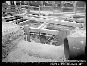Distribution Department, Low Service Pipe Lines, excavating for temporary 36-inch main to allow for subway construction, Harvard Square, Cambridge, Mass., May 18, 1910