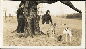 Two women stand at the base of a large old tree with three dogs
