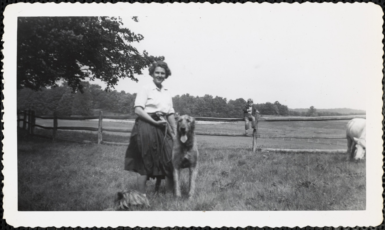 A woman stands in a field or paddock holding the leash of a large dog