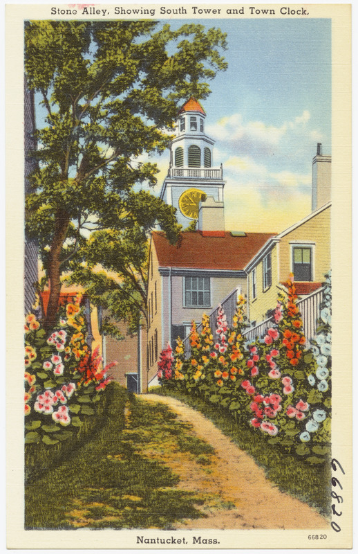 Stone Alley, showing South Tower and town clock, Nantucket, Mass.