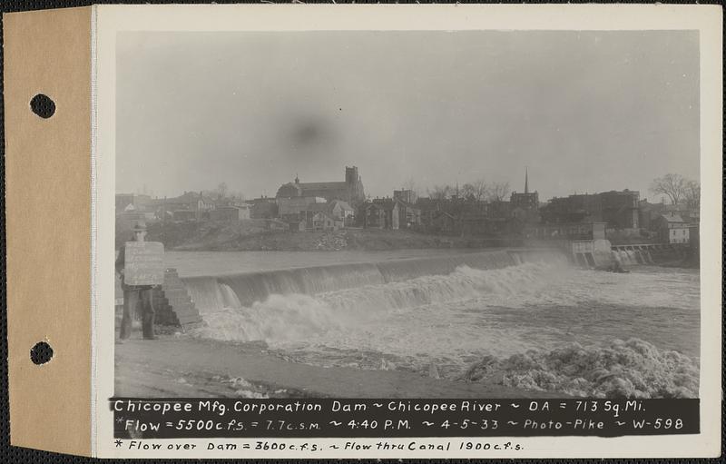 Chicopee Manufacturing Corp. dam, Chicopee River, drainage area = 713 square miles, flow over dam = 3600 cubic feet per second, through canal = 1900 cubic feet per second, total = 5500 cubic feet per second = 7.7 cubic feet per second per square mile, Chicopee, Mass., 4:40 PM, Apr. 5, 1933