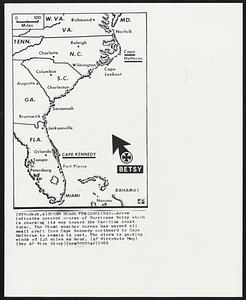 Storm Heads For Carolinas--Arrow indicates present course of Hurricane Betsy which is churning its way toward the Carolina coast today. The Miami weather bureau has warned all small craft from Cape Kennedy northward to Cape Hatteras to remain in port. The storm is packing winds of 125 miles an hour.