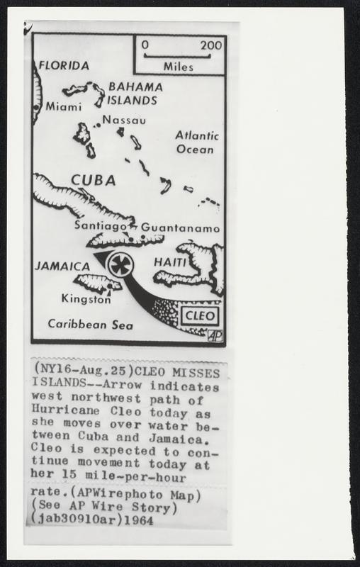 Cleo Misses Islands--Arrow indicates west northwest path of Hurricane ...