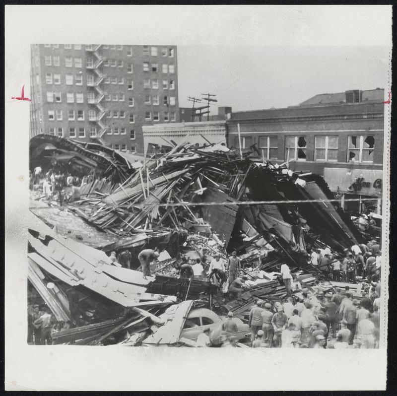 Large Building Wrecked-This is all that remained of the R. T. Dennis building, one of Waco's largest furniture stores, following the passage of a tornado that struck the center of the business district Monday.