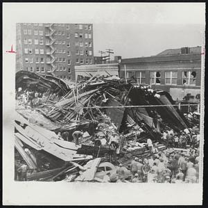 Large Building Wrecked-This is all that remained of the R. T. Dennis building, one of Waco's largest furniture stores, following the passage of a tornado that struck the center of the business district Monday.