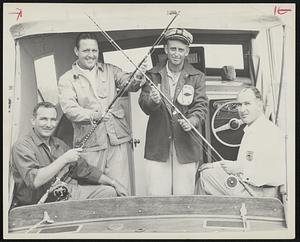 Getting their gear checked out for the 1959 Cape Cod Tuna Tournament are left to right Jack Garrity, Belmont; Bud Mitchell, Scituate; Bill Cloudman, Braintree; and Jim Larson, Scituate. Tournament takes place on the 14, (Monday) 15 and 16 of September. Capt. Cloudman, owner of yacht “Cloudys Mary Ann”, predicts a record catch this year.