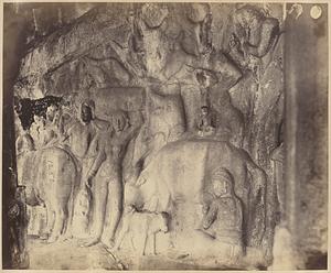 Carved panel depicting people and cattle taking shelter under Govardhava Hill, Krishna Mandapa, Mamallapuram, India