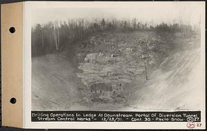 Contract No. 30, Stream Control Works at Main Dam, Swift River Reservoir, Belchertown, Enfield, Ware, drilling operations in ledge at downstream portal of diversion tunnel stream control works, Belchertown, Mass., Dec. 28, 1931