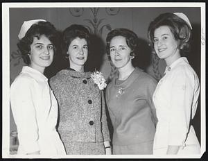 Dental Hygienist Students Carolyn Strickland, left, of Randolph and Audrey Oxenfeldt, right, of New York City flank Marjory Cronin, second left, of Arlington, president of the Dental Hygienists Association; and Mary Burke of Hingham, chairman of yesterday's meeting in Boston.