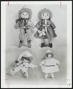 The cuddling favorites, Raggedy Ann and Andy, double now as instructors in their "Teach Me" wardrobes. A child can learn to zip, button, snap, lace, buckle, measure and tie while playing. You can dress up your faithful Raggedy Ann and Andy for their new teaching roles by making these outfits from McCall's "Teach Me" Wardrobe, Pattern #3002.