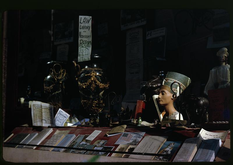 Display of books, vases and bust of Nefertiti