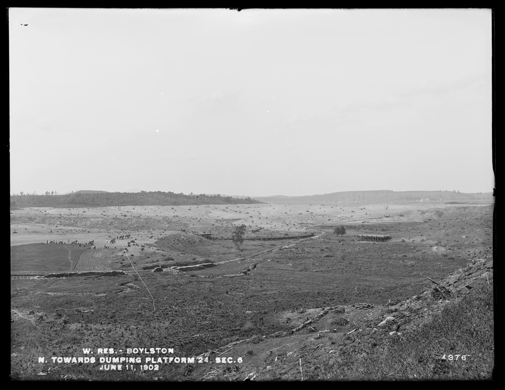 Wachusett Reservoir, looking northerly towards Dumping Platform No. 24, Section 6, Boylston, Mass., Jun. 11, 1902