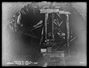 Weston Aqueduct, Section 2, broken timbers in Tunnel No. 1, east heading, Framingham, Mass., Jun. 24, 1902