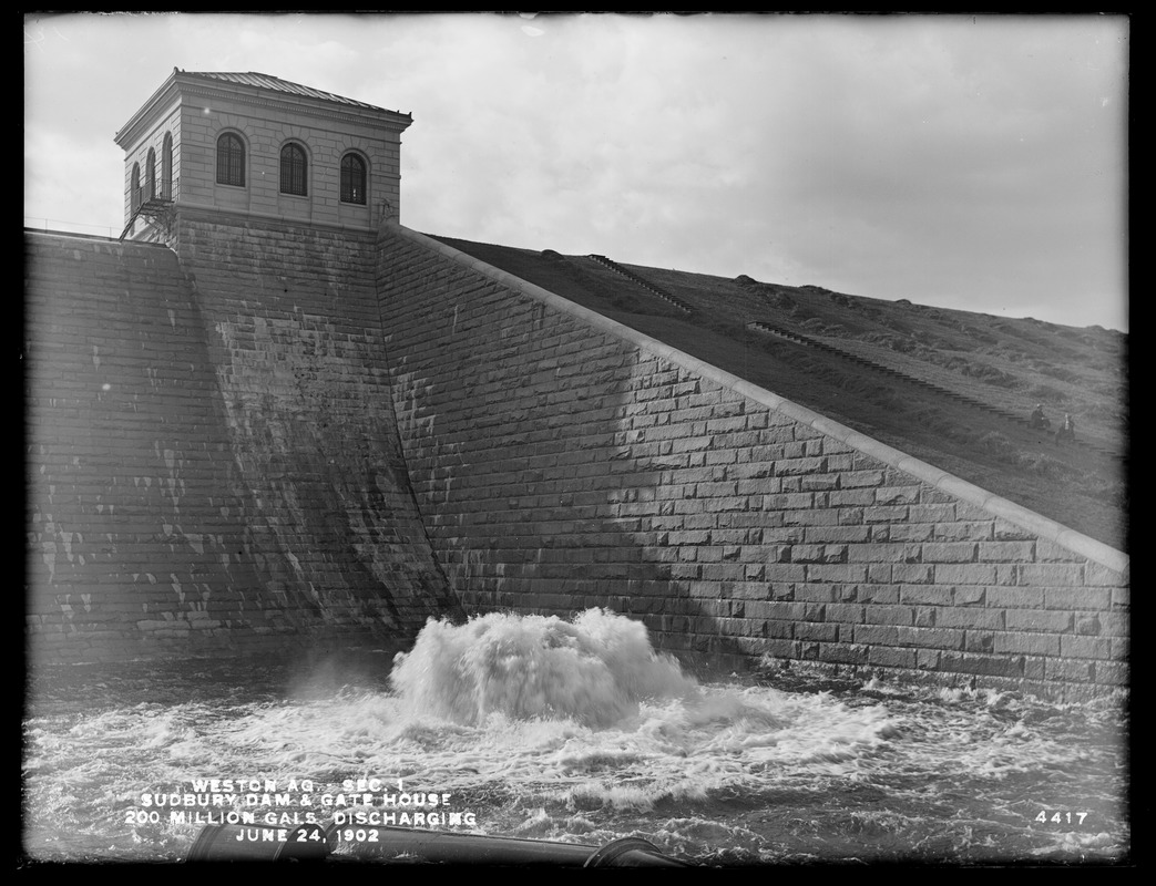 Weston Aqueduct, Section 1, Sudbury Dam and Gatehouse, 200,000,000 gallons discharging, Southborough, Mass., Jun. 24, 1902
