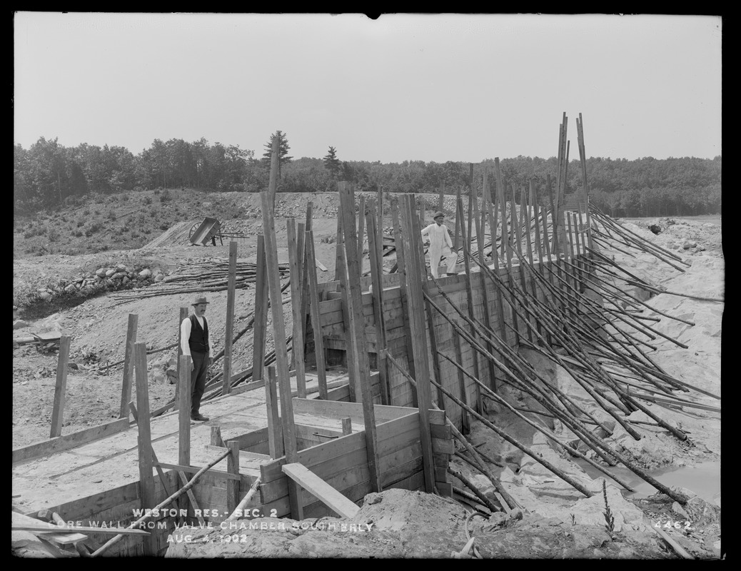 Weston Aqueduct, Weston Reservoir, Section 2, core wall from Valve Chamber southerly, Weston, Mass., Aug. 4, 1902