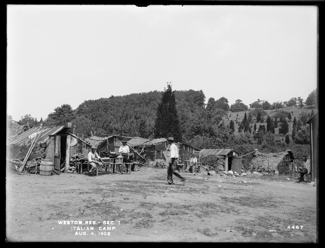Weston Aqueduct, Weston Reservoir, Section 1, Italian camp, Weston, Mass., Aug. 4, 1902