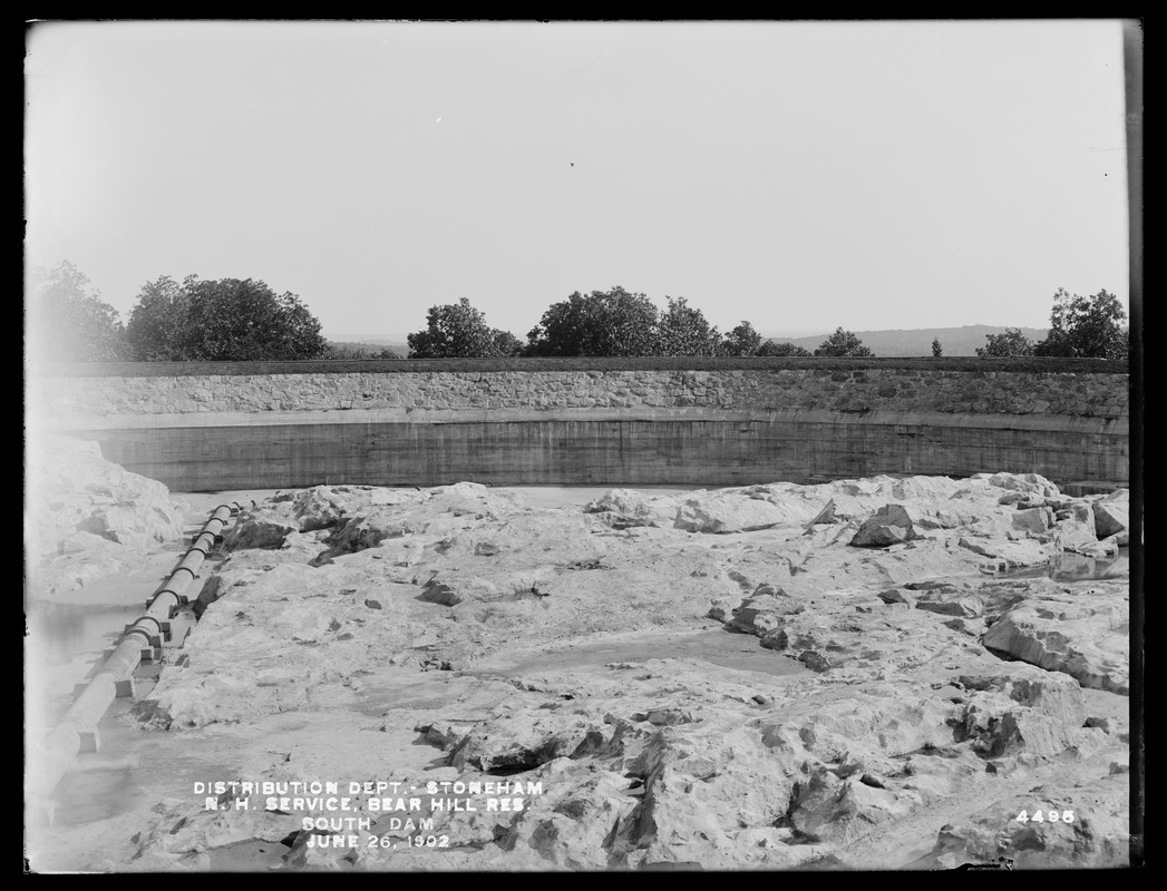 Distribution Department, Northern High Service Bear Hill Reservoir, south dam, Stoneham, Mass., Jun. 26, 1902
