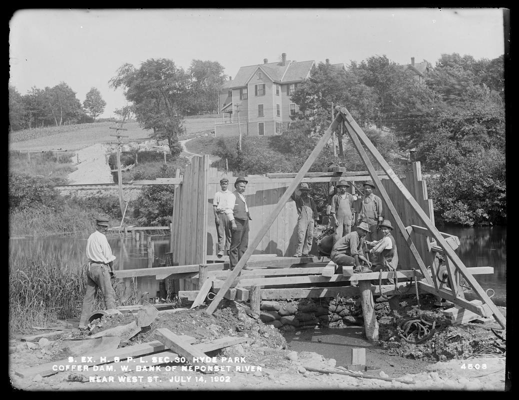 Distribution Department, Southern Extra High Service Pipe Lines, Section 30, cofferdam, west bank of Neponset River, near West Street, Hyde Park, Mass., Jul. 14, 1902