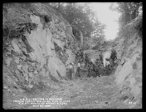 Distribution Department, Low Service Pipe Lines, Section 12, trench for two lines of 60-inch pipe in rock, station 517, north of Wright's Pond, Medford, Mass., Jul. 24, 1902