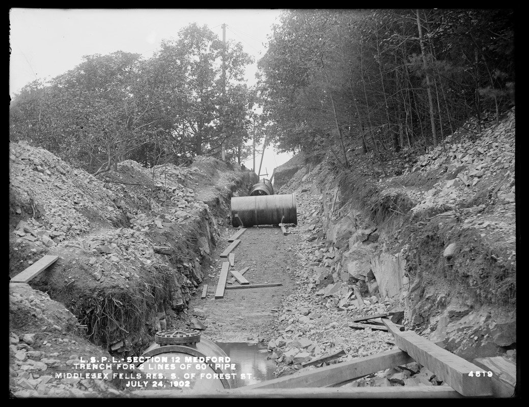 Distribution Department, Low Service Pipe Lines, Section 12, trench for two lines of 60-inch pipe, Middlesex Fells Reservation, south of Forest Street, Medford, Mass., Jul. 24, 1902