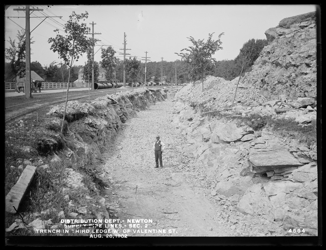 Distribution Department, supply pipe lines, Section 2, trench in third ledge west of Valentine Street, Newton, Mass., Aug. 28, 1902