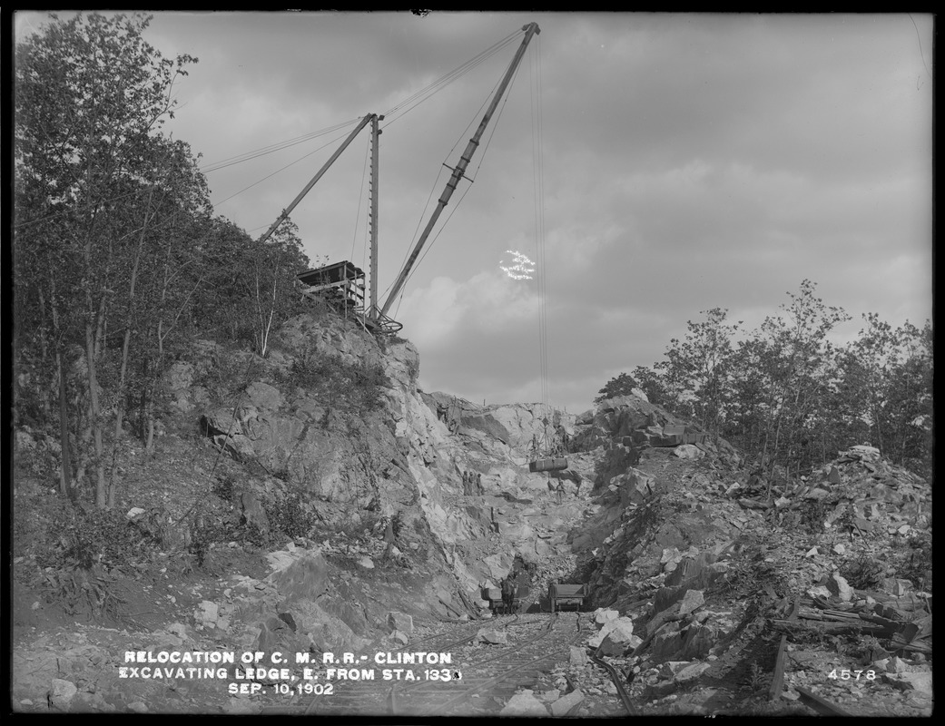 Relocation Central Massachusetts Railroad, excavating ledge, east from station 133, Clinton, Mass., Sep. 10, 1902