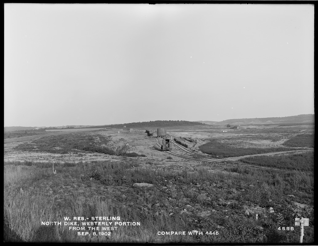 Wachusett Reservoir, North Dike, westerly portion, from the west (compare with No. 4445), Sterling, Mass., Sep. 8, 1902