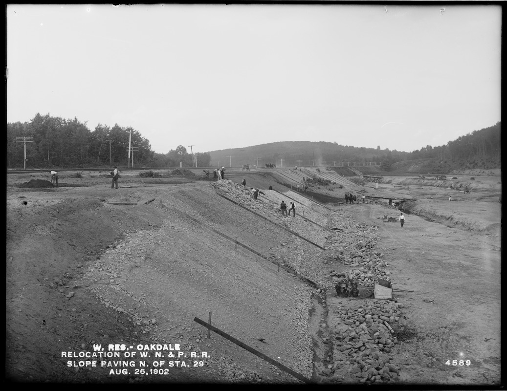 Wachusett Reservoir, relocation of Worcester, Nashua & Portland Division of Boston & Maine Railroad, slope paving north of station 29, Oakdale, West Boylston, Mass., Aug. 26, 1902