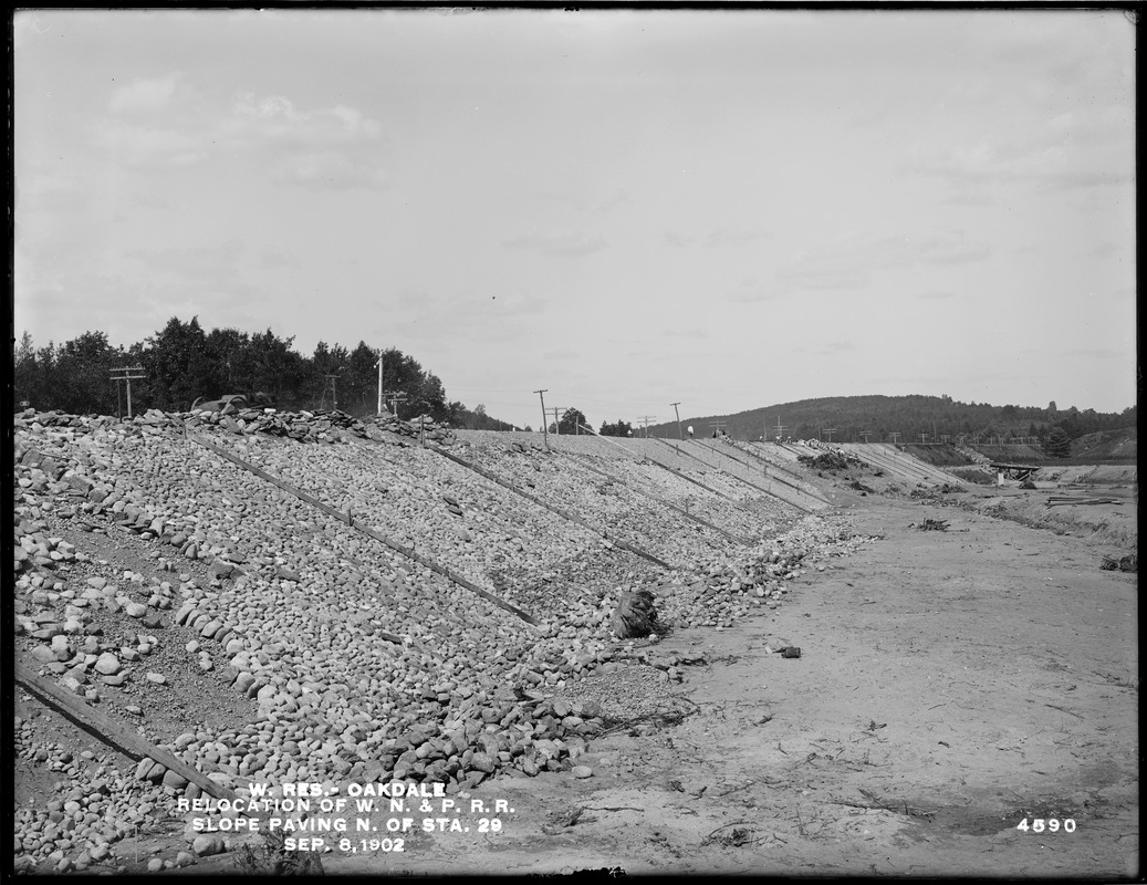 Wachusett Reservoir, relocation of Worcester, Nashua & Portland Division of Boston & Maine Railroad, slope paving north of station 29, Oakdale, West Boylston, Mass., Sep. 8, 1902