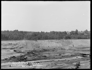 Wachusett Reservoir, relocation of Worcester, Nashua & Portland Division of Boston & Maine Railroad, slope paving, looking westerly, Oakdale, West Boylston, Mass., Sep. 8, 1902