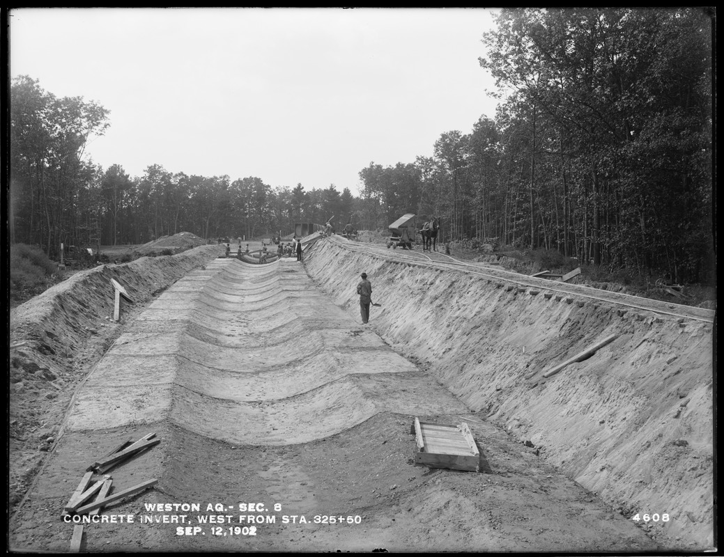 Weston Aqueduct, Section 8, concrete invert, westerly from station 325+50, Wayland, Mass., Sep. 12, 1902