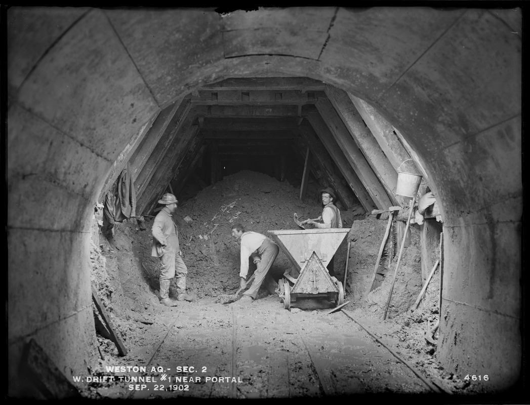 Weston Aqueduct, Section 2, west drift of Tunnel No. 1, near portal, Framingham, Mass., Sep. 22, 1902