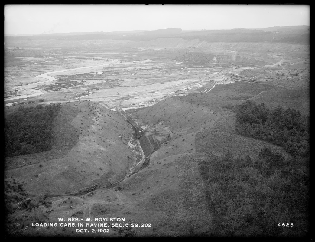 Wachusett Reservoir, loading cars in ravine, Section 6, square 202, West Boylston, Mass., Oct. 2, 1902