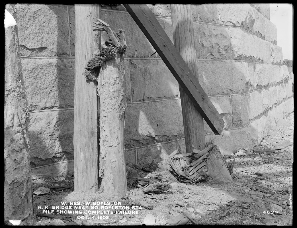 Wachusett Reservoir, railroad bridge near South Boylston Station, pile showing complete failure, West Boylston, Mass., Oct. 4, 1902