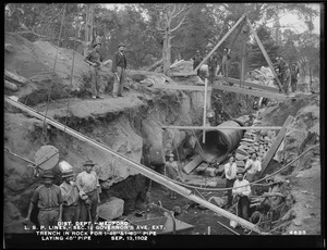 Distribution Department, Low Service Pipe Lines, Section 12, Governors Avenue Extension, trench in rock for one 48-inch and one 60-inch pipe, laying 48-inch pipe, Medford, Mass., Sep. 13, 1902