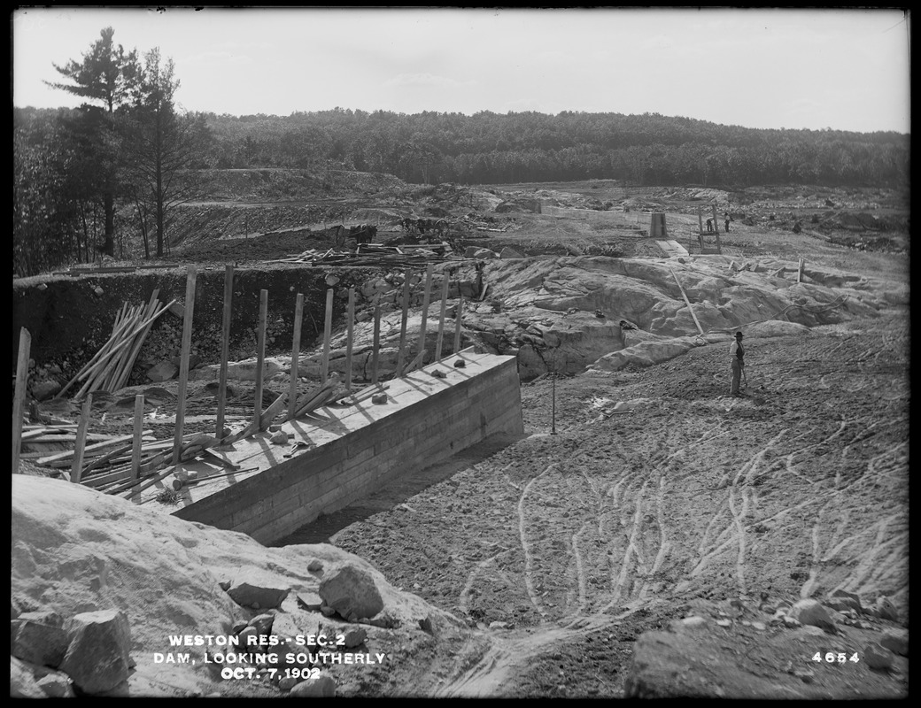 Weston Aqueduct, Weston Reservoir, Section 2, dam, looking southerly, Weston, Mass., Oct. 7, 1902