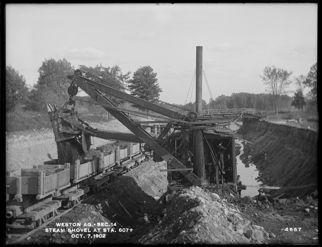 Weston Aqueduct, Section 14, steam shovel, at station 607+, Weston, Mass., Oct. 7, 1902