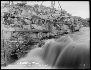 Wachusett Dam, high water, looking upstream from west side of gap, Clinton, Mass., Oct. 29, 1902