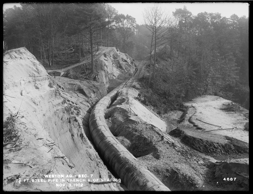 Weston Aqueduct, Section 7, 7 1/2-foot steel pipe in trench, east of station 308, Framingham; Wayland, Mass., Nov. 3, 1902