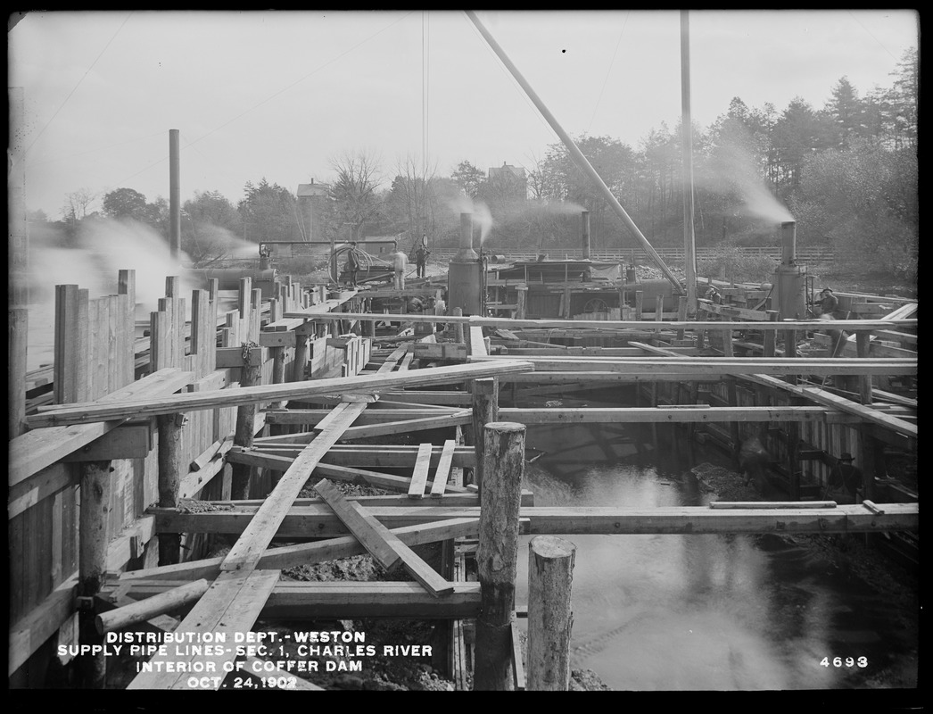 Distribution Department, supply pipe lines, Section 1, Charles River, interior of cofferdam, Weston, Mass., Oct. 24, 1902