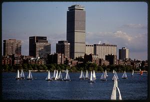 Prudential building and sailboats on Charles River Basin, Boston