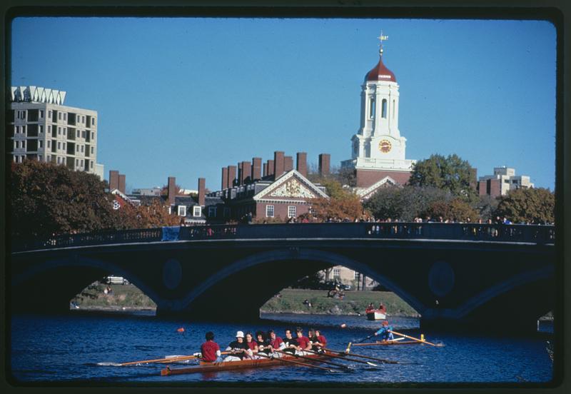 Harvard crew practice on Charles River, Dunster House in background, Cambridge